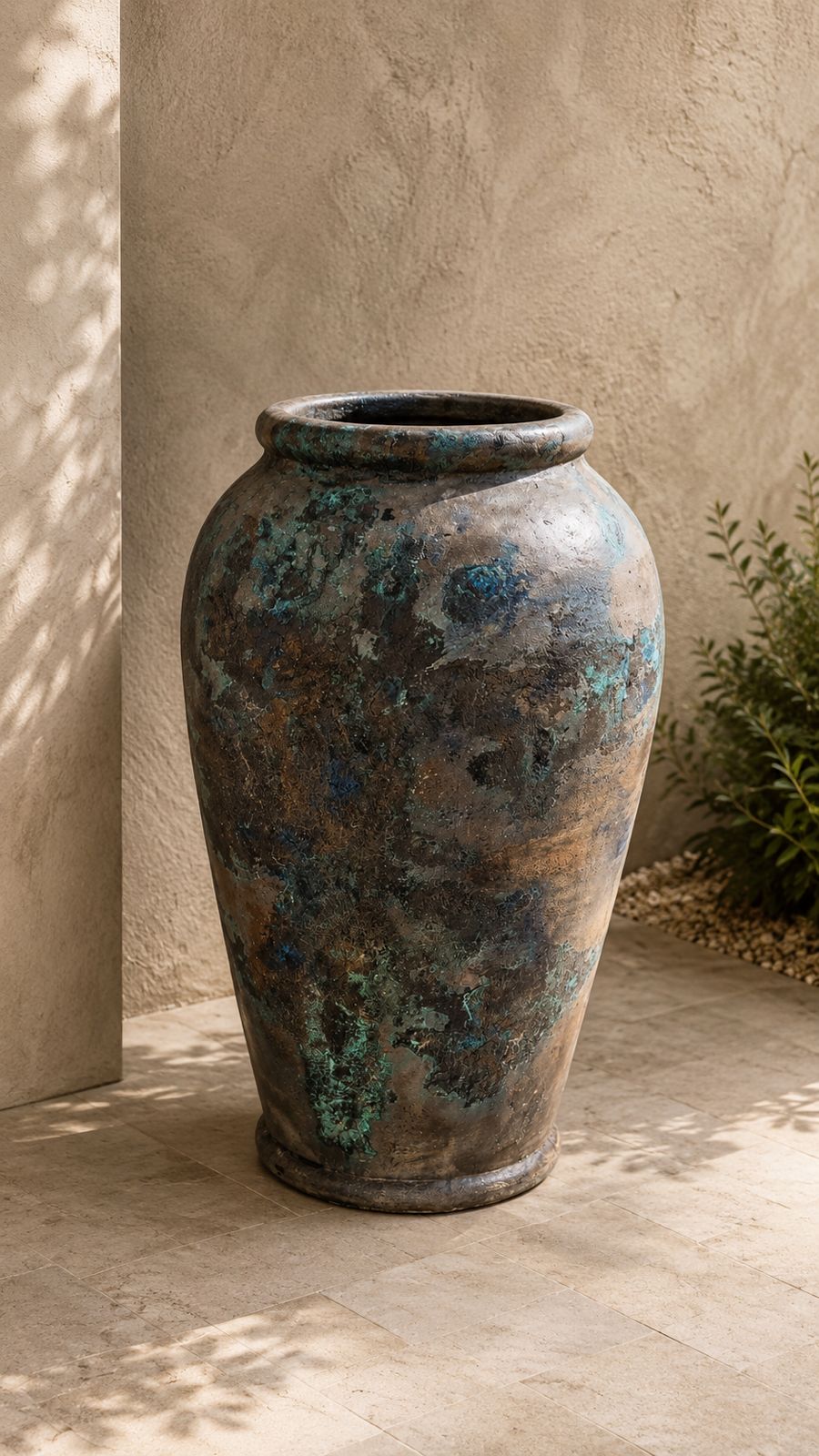 Vaso decorativo cimentício de grande porte com acabamento em pátina esverdeada e ocre