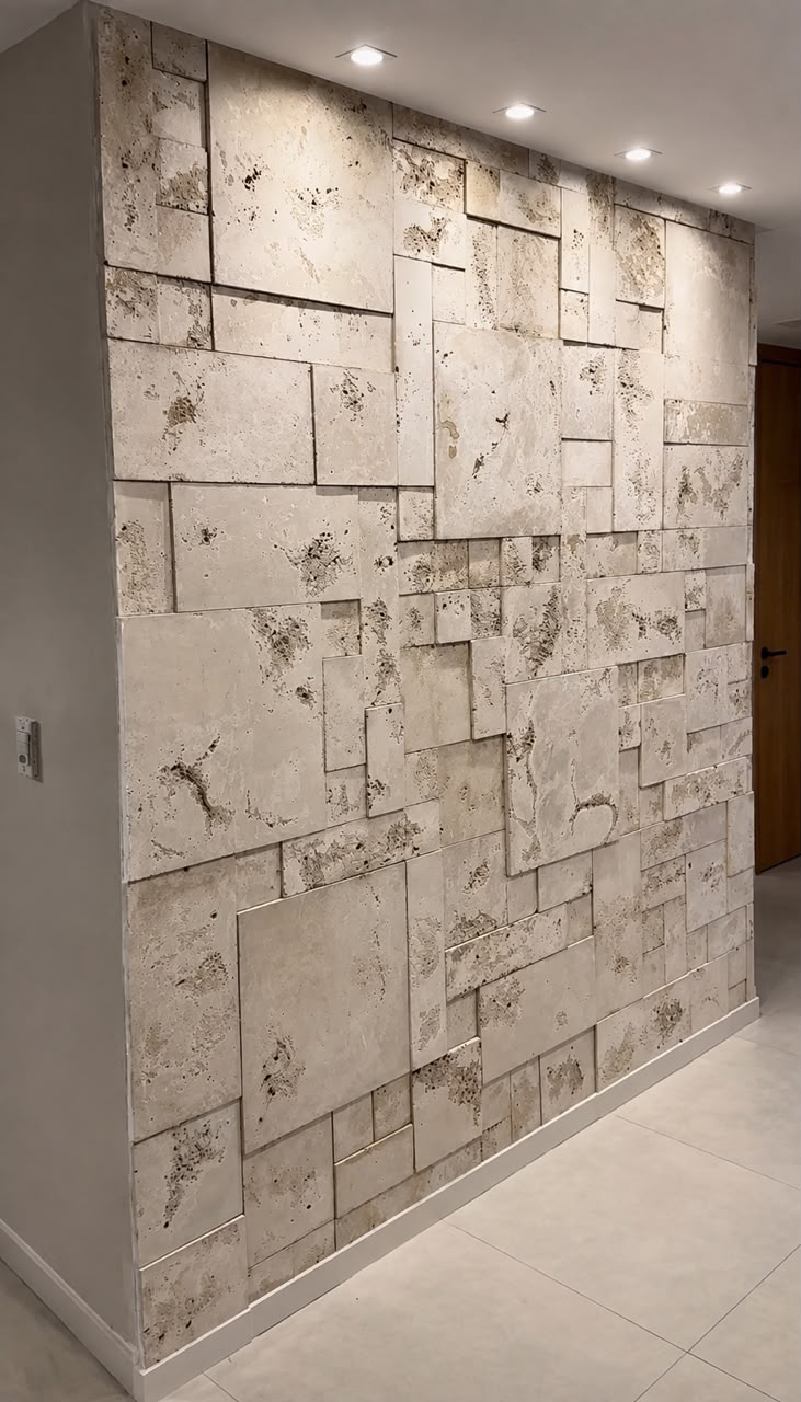 Hall interno com parede em mosaico cimentício de aparência travertino em tons claros