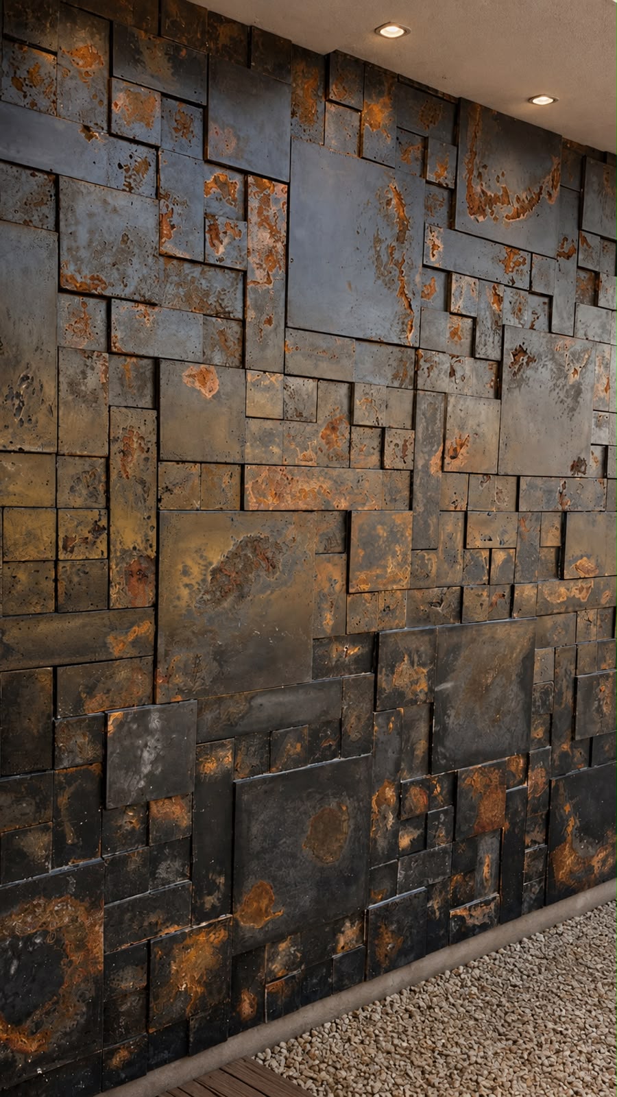 Parede externa em mosaico cimentício com efeito metálico oxidado em tons de grafite e ferrugem